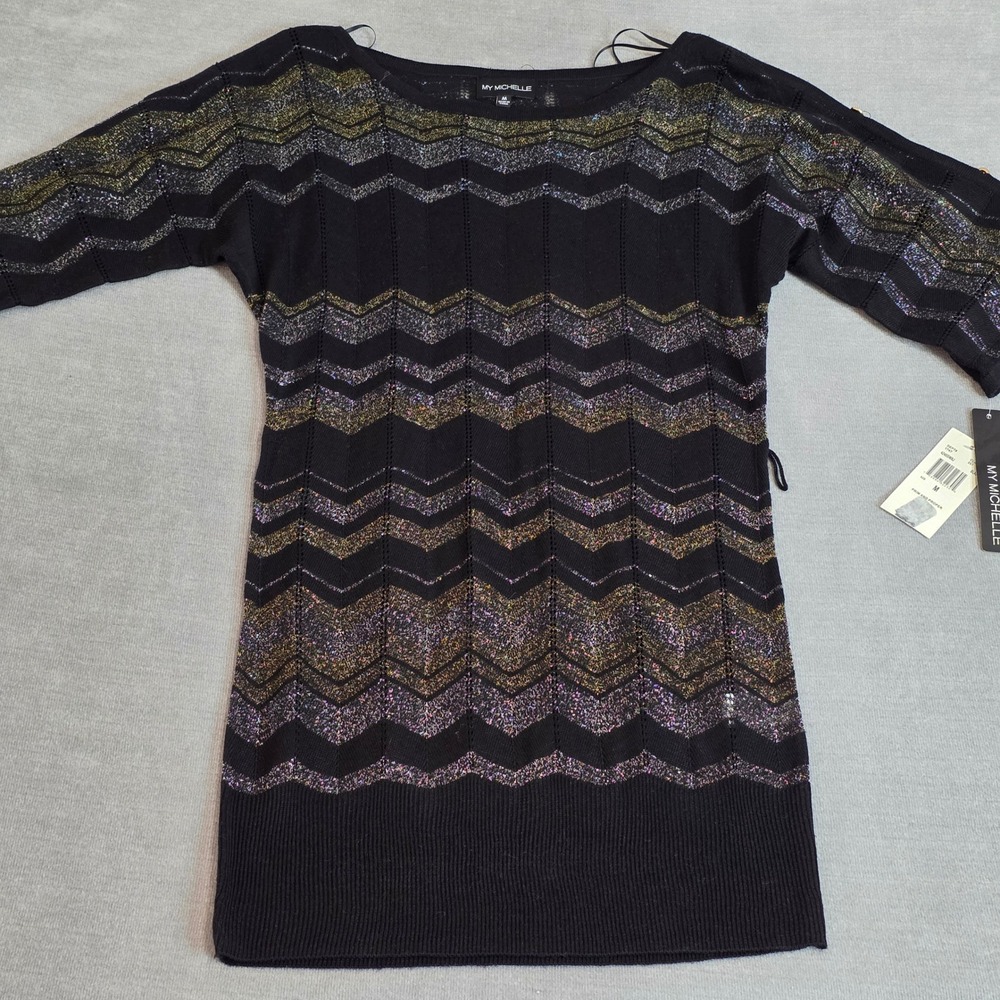My Michelle Sweater Dress Womens Medium Black Metallic Chevron Cold Shoulder NWT